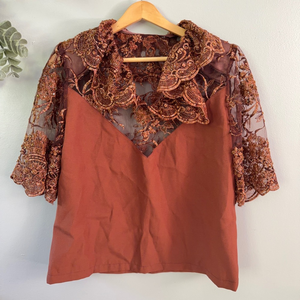 Vtg Ornate Peter Pan Collar Blouse Regency Rust Brown Beaded Floral Lace Sz M